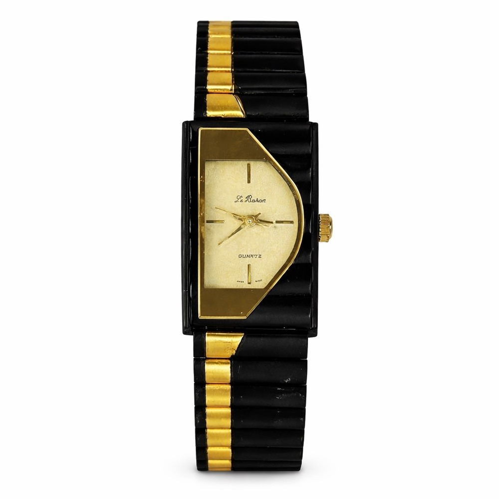 Vintage Le Baron Quartz Watch‎ Asymmetrical Gold Dial Black Ribbed Two Tone Band